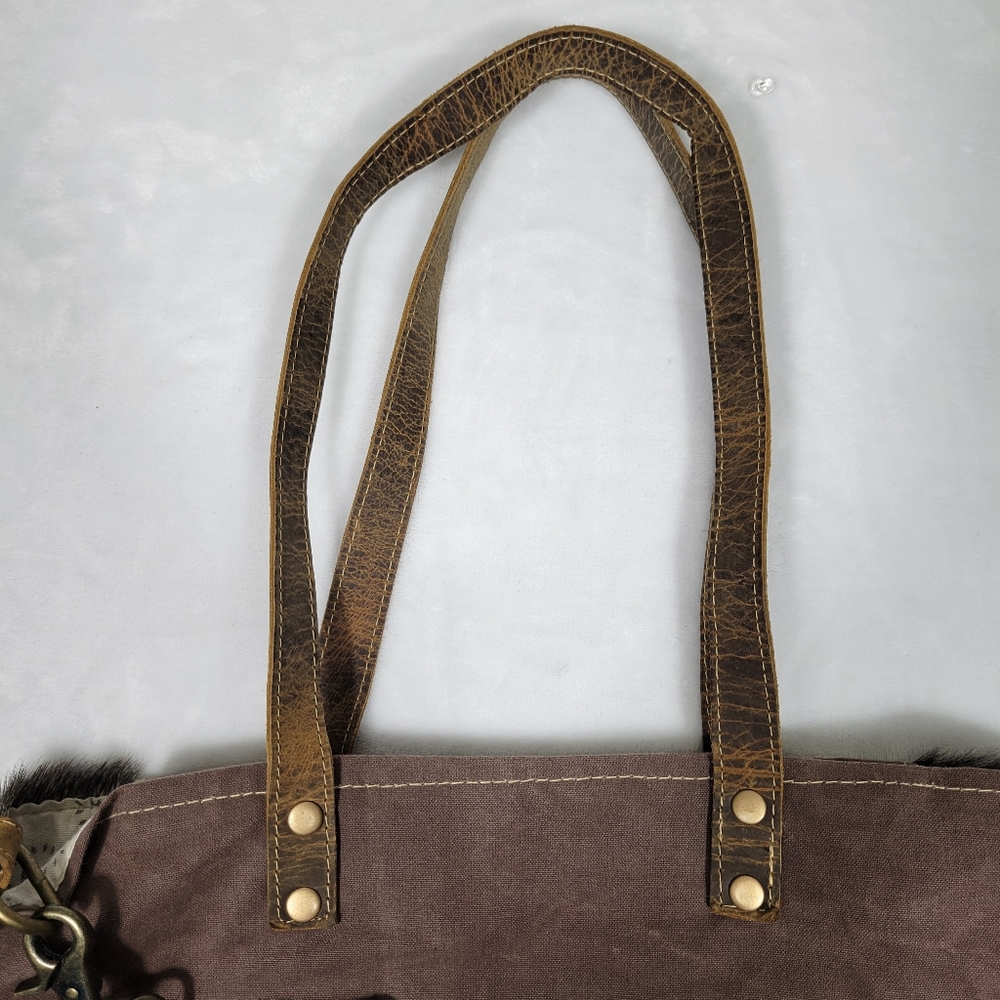Myra EUC Ace Cowhide Canvas Messenger Bag Leather Straps Bohowestern Aztec Retro - Picture 16 of 16